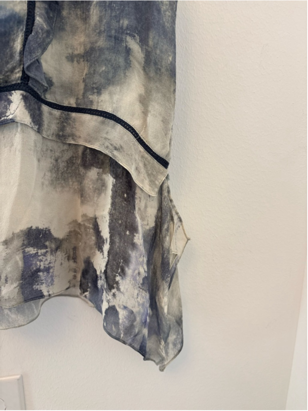 TryB 100% Silk Blouse Size L | Sheer Abstract Print Ruffle Trim Flowy Boho Chic - Picture 4 of 8